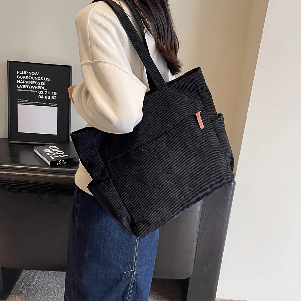 Tote Bag in Corduroy with Side Pocket for Everyday Use
