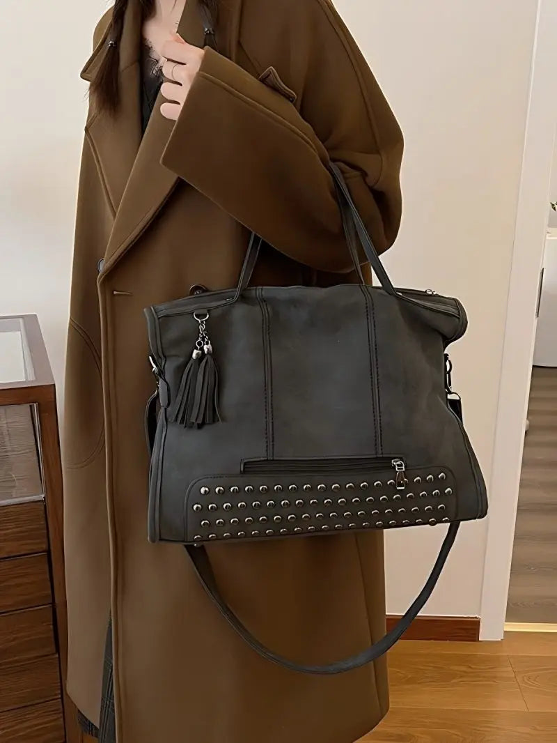 Tote Bag in Faux Leather with Tasseled Crossbody Strap