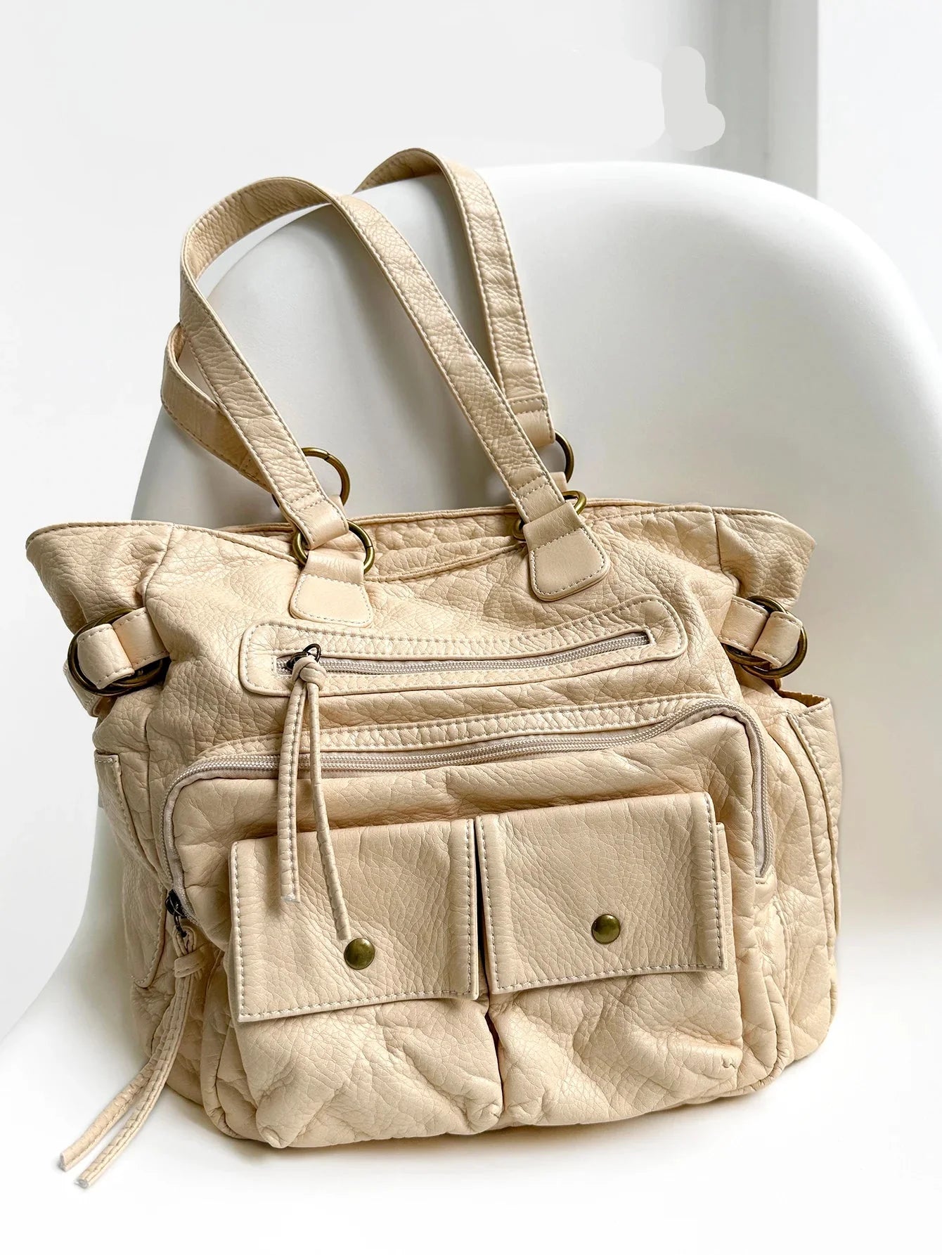 Tote Bag in Faux Leather with Woven Handle Detail
