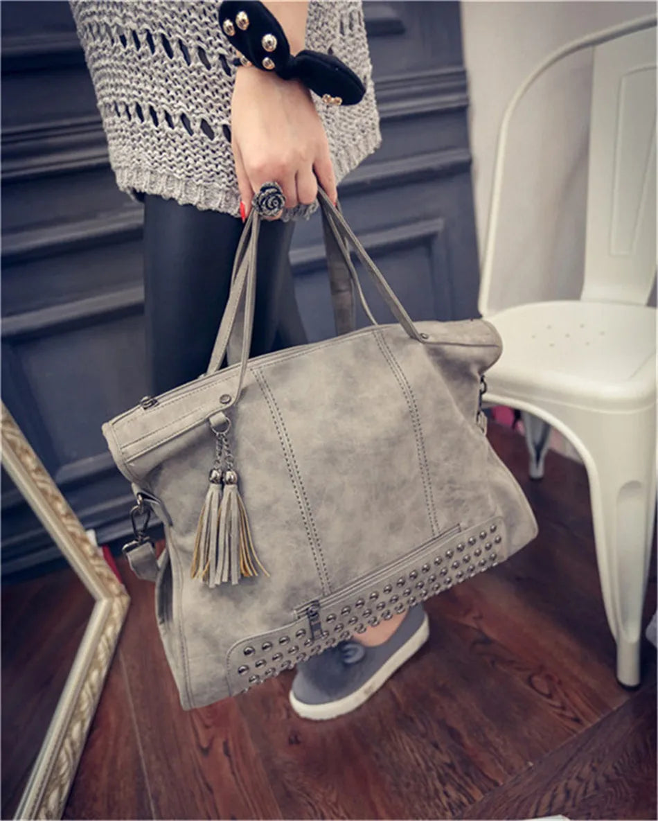 Tote Bag in Faux Leather with Tasseled Crossbody Strap