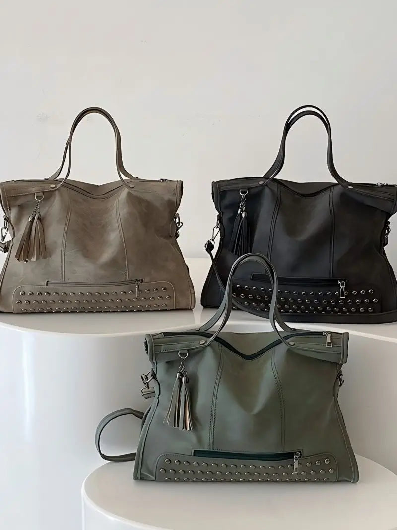 Tote Bag in Faux Leather with Tasseled Crossbody Strap