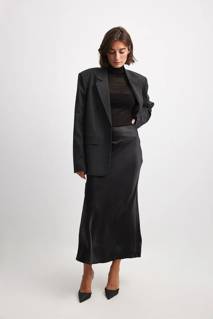 Jupe midi satinée pour femme | Jupe trapèze taille haute