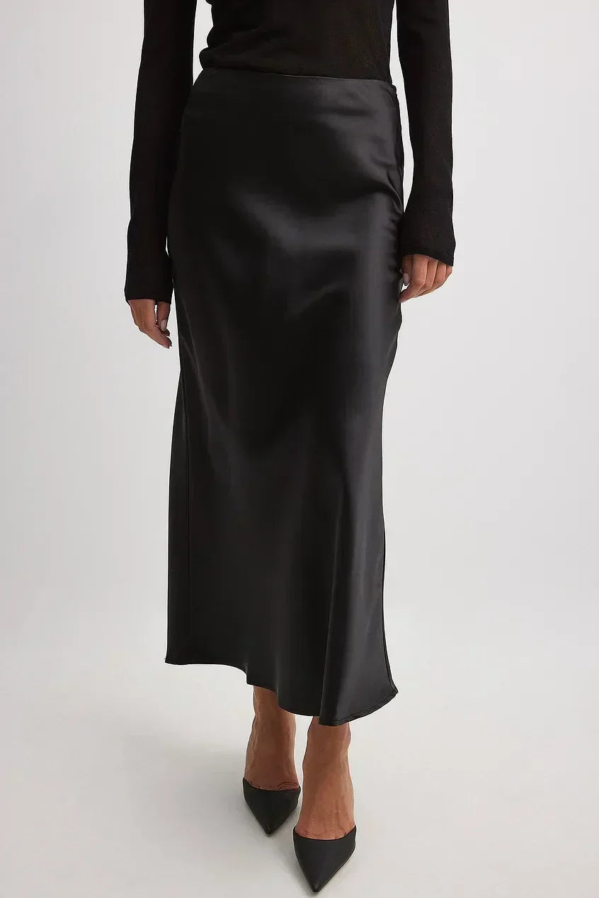 Jupe midi satinée pour femme | Jupe trapèze taille haute