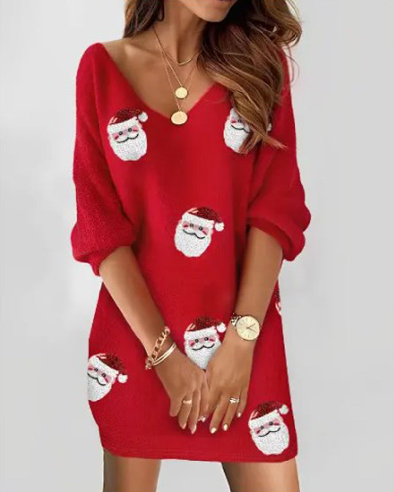 Women's Red Santa Print Christmas Dress