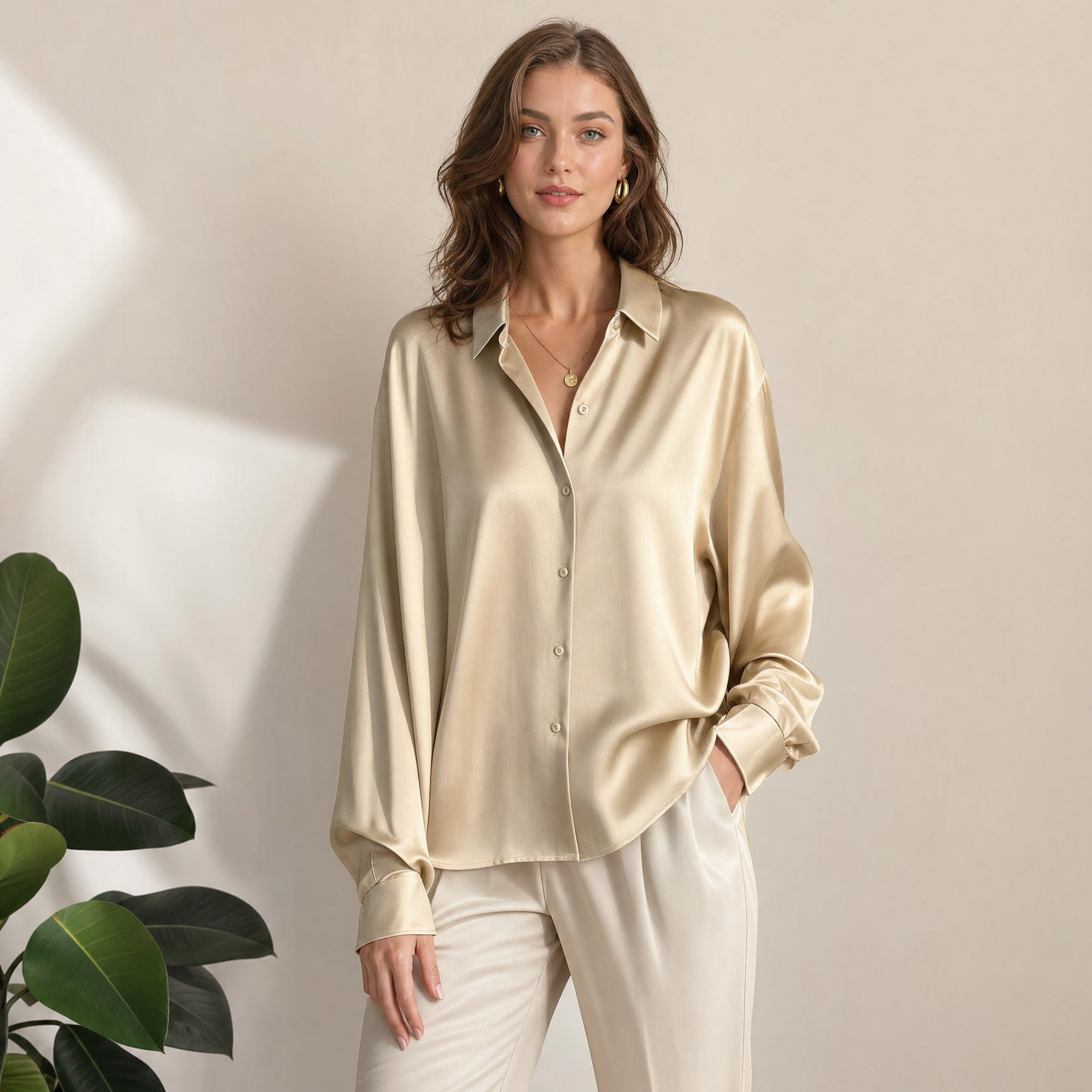 Silk Button-Up Blouse with Relaxed Fit