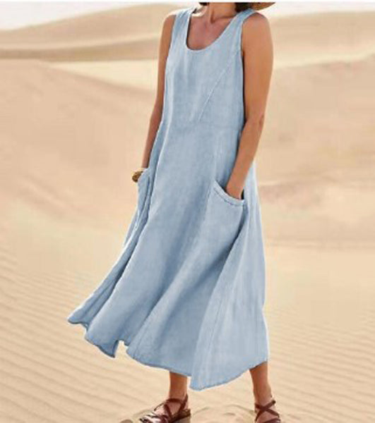 Sleeveless Midi Dress with Side Pockets and A-Line Fit