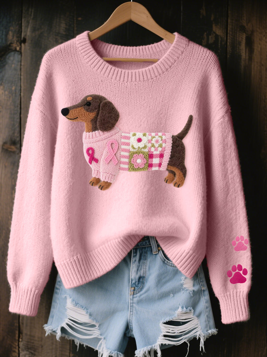 Women's Dachshund Graphic Knit Sweater with Paw Print Sleeves