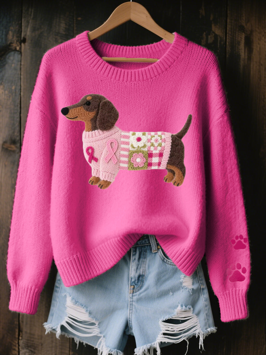 Women's Dachshund Graphic Knit Sweater with Paw Print Sleeves
