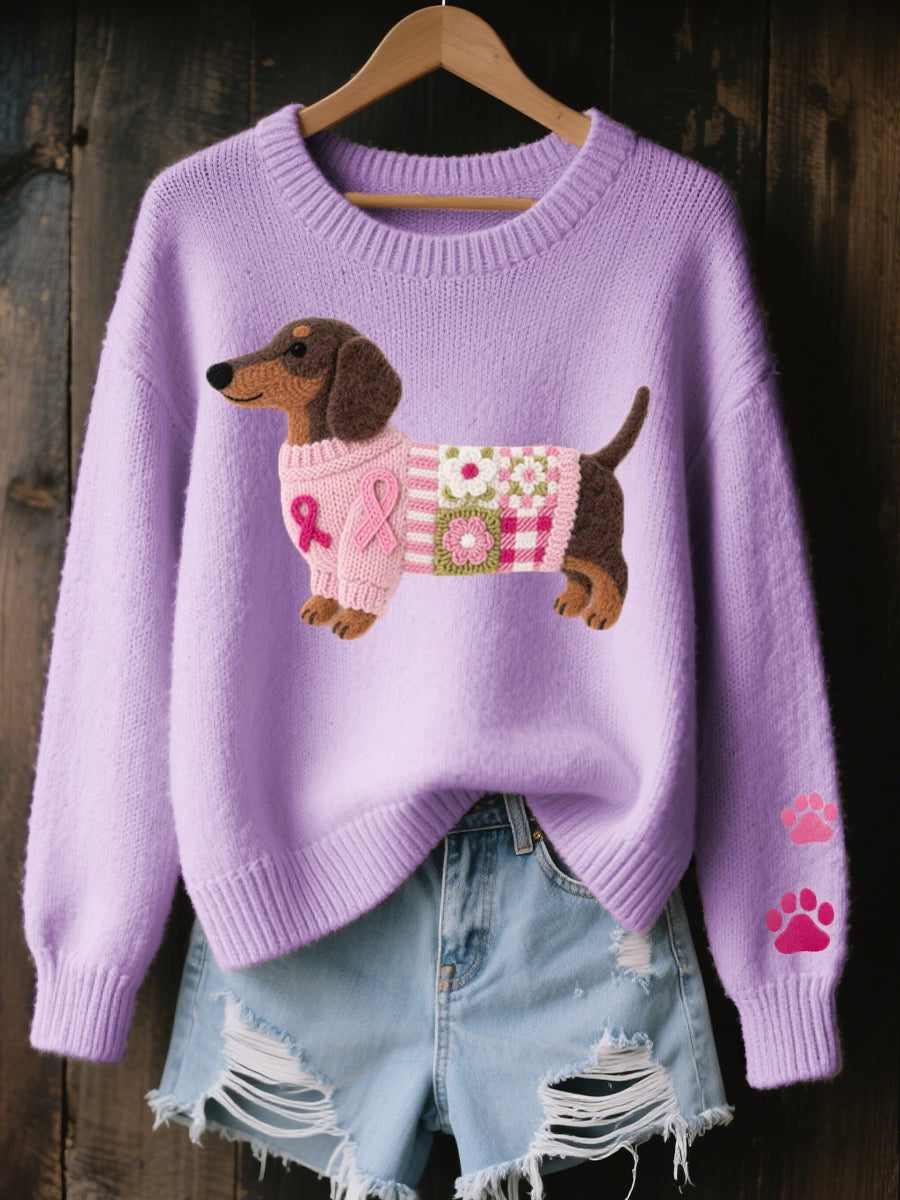 Women's Dachshund Graphic Knit Sweater with Paw Print Sleeves