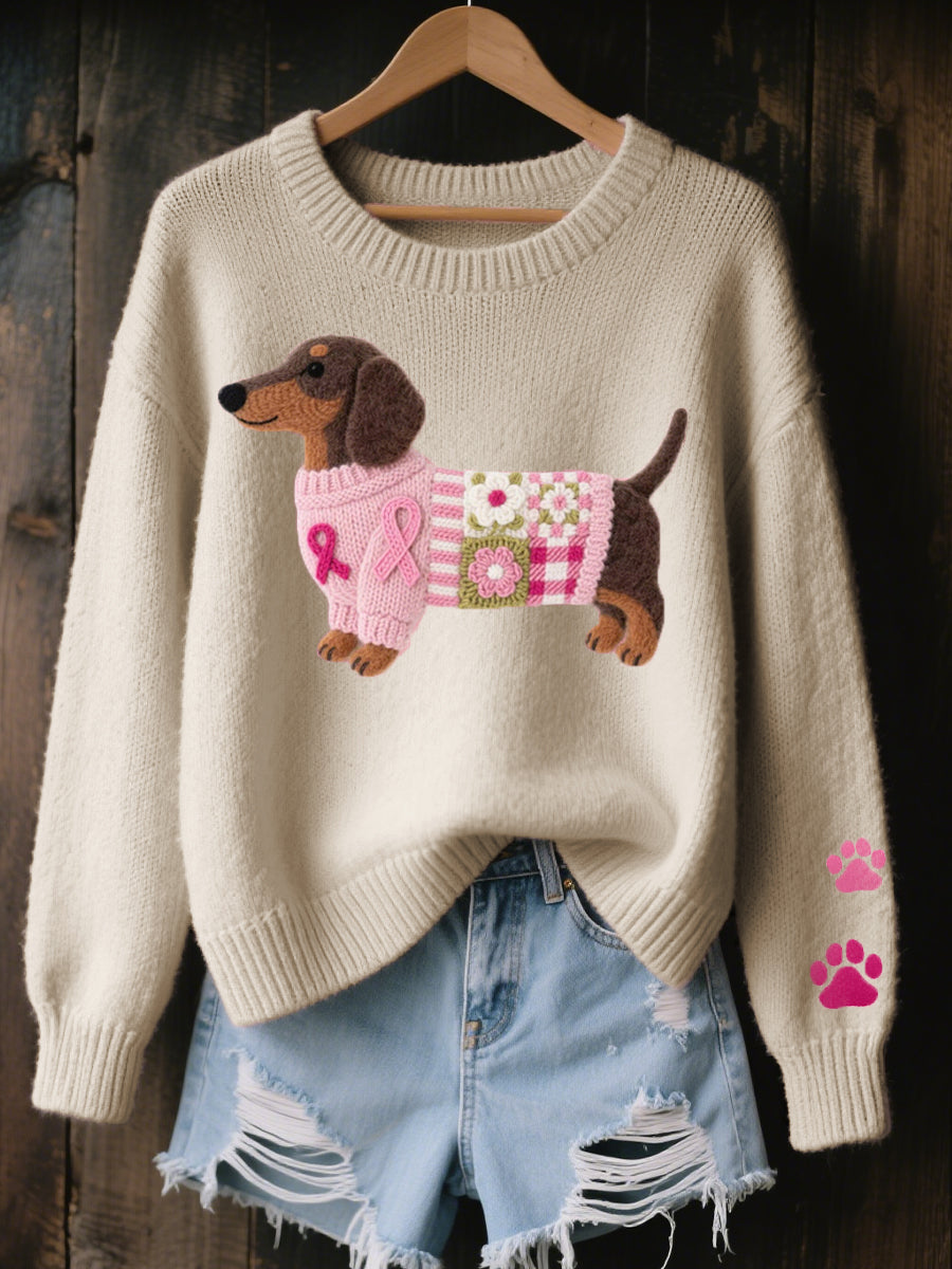 Women's Dachshund Graphic Knit Sweater with Paw Print Sleeves