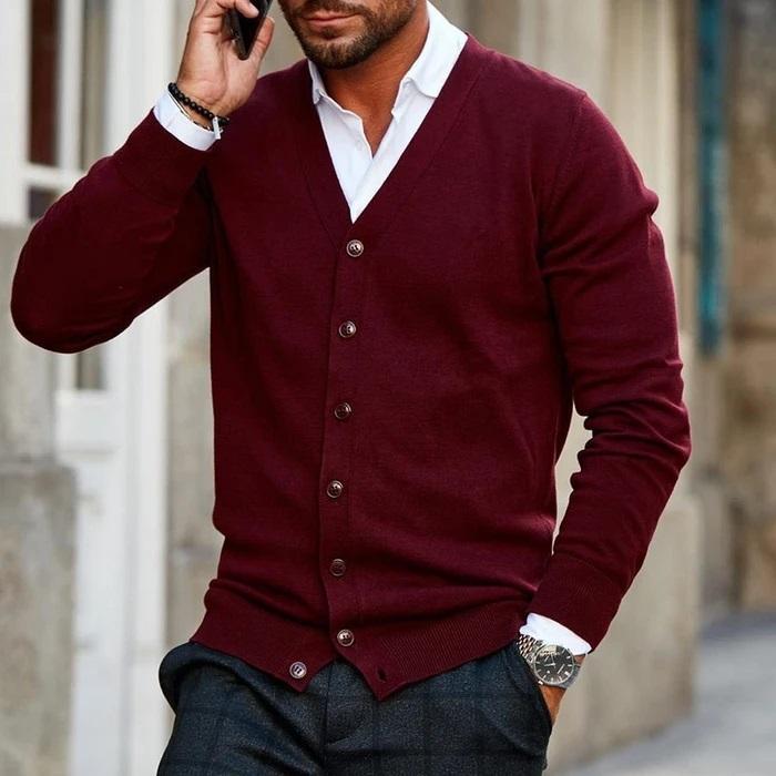 Men's V-Neck Button-Up Knit Cardigan