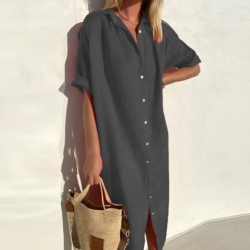 Button-Front Midi Dress with Collared Neckline
