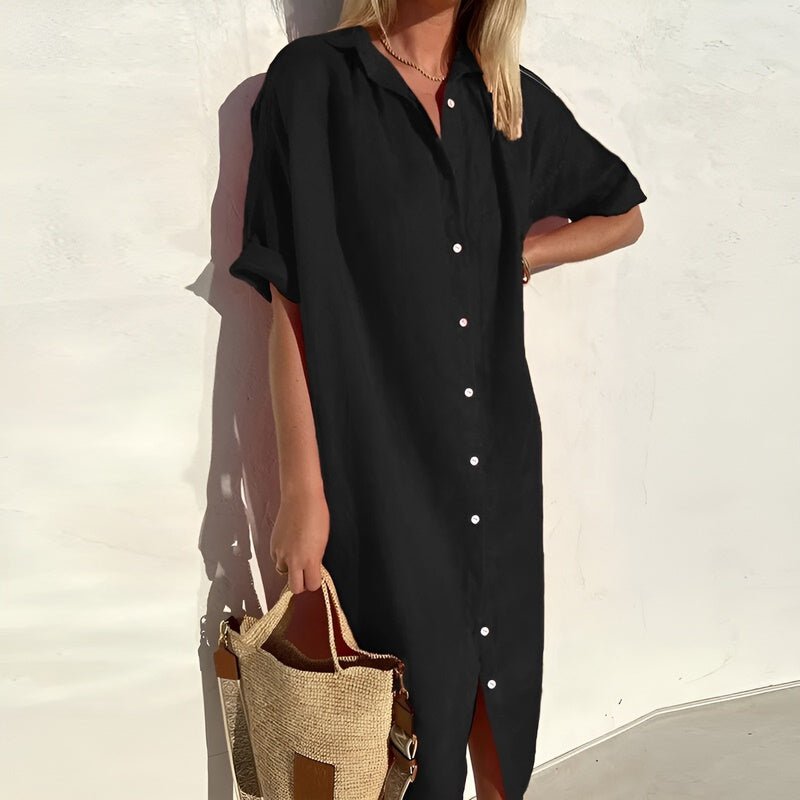 Button-Front Midi Dress with Collared Neckline