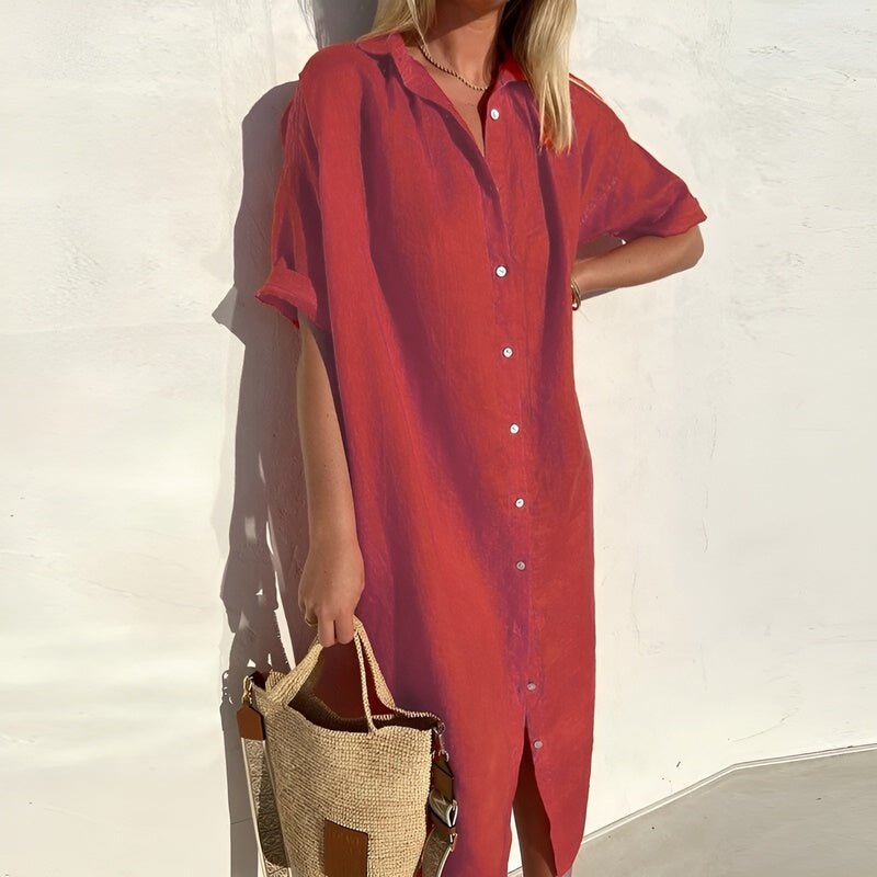Button-Front Midi Dress with Collared Neckline