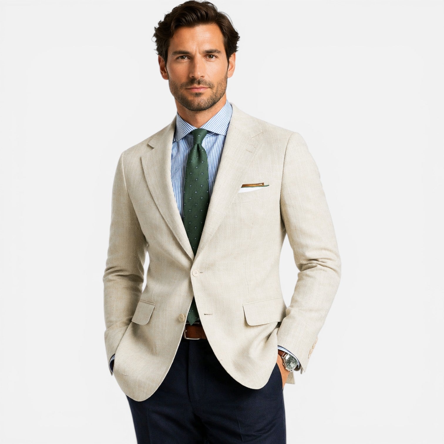 Linen Blazer with Notched Lapel and Chest Pocket