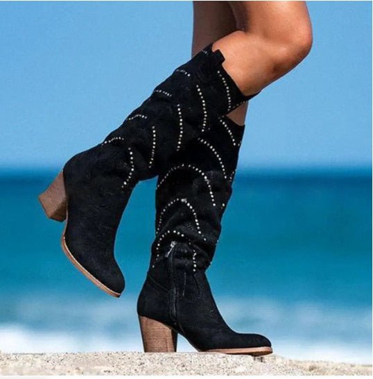 Women’s Studded Slouch Knee-High Block Heel Boots