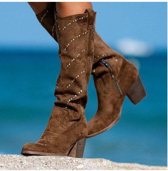 Women’s Studded Slouch Knee-High Block Heel Boots
