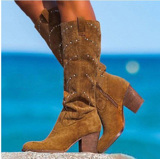 Women’s Studded Slouch Knee-High Block Heel Boots