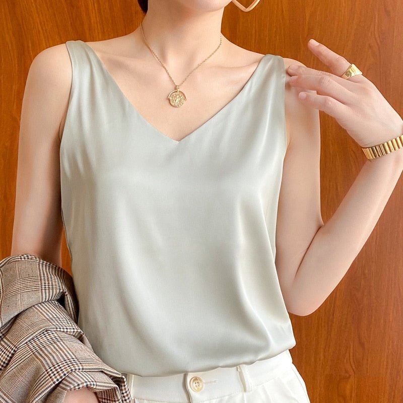 Women's Satin V Neck Sleeveless Cami Top