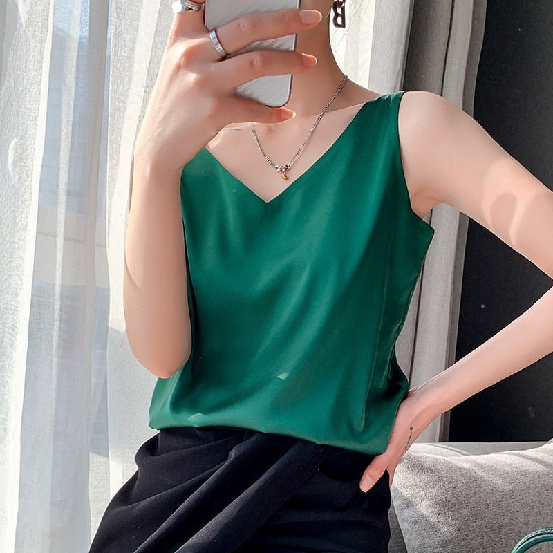 Women's Satin V Neck Sleeveless Cami Top