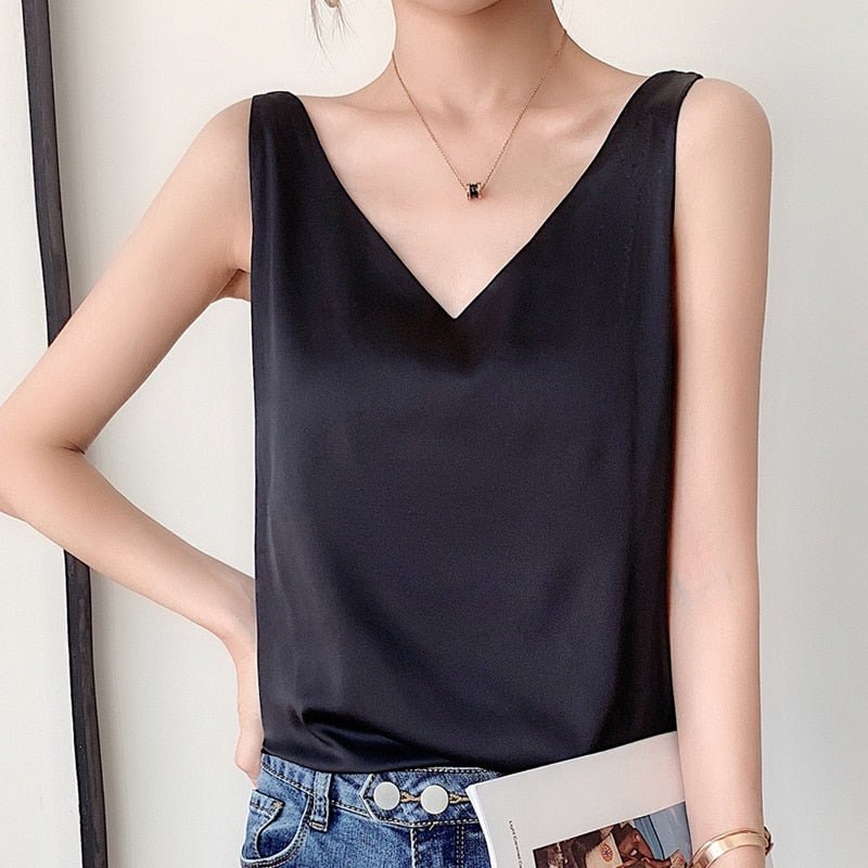 Women's Satin V Neck Sleeveless Cami Top