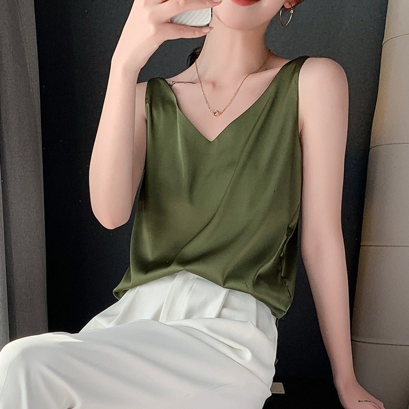 Women's Satin V Neck Sleeveless Cami Top
