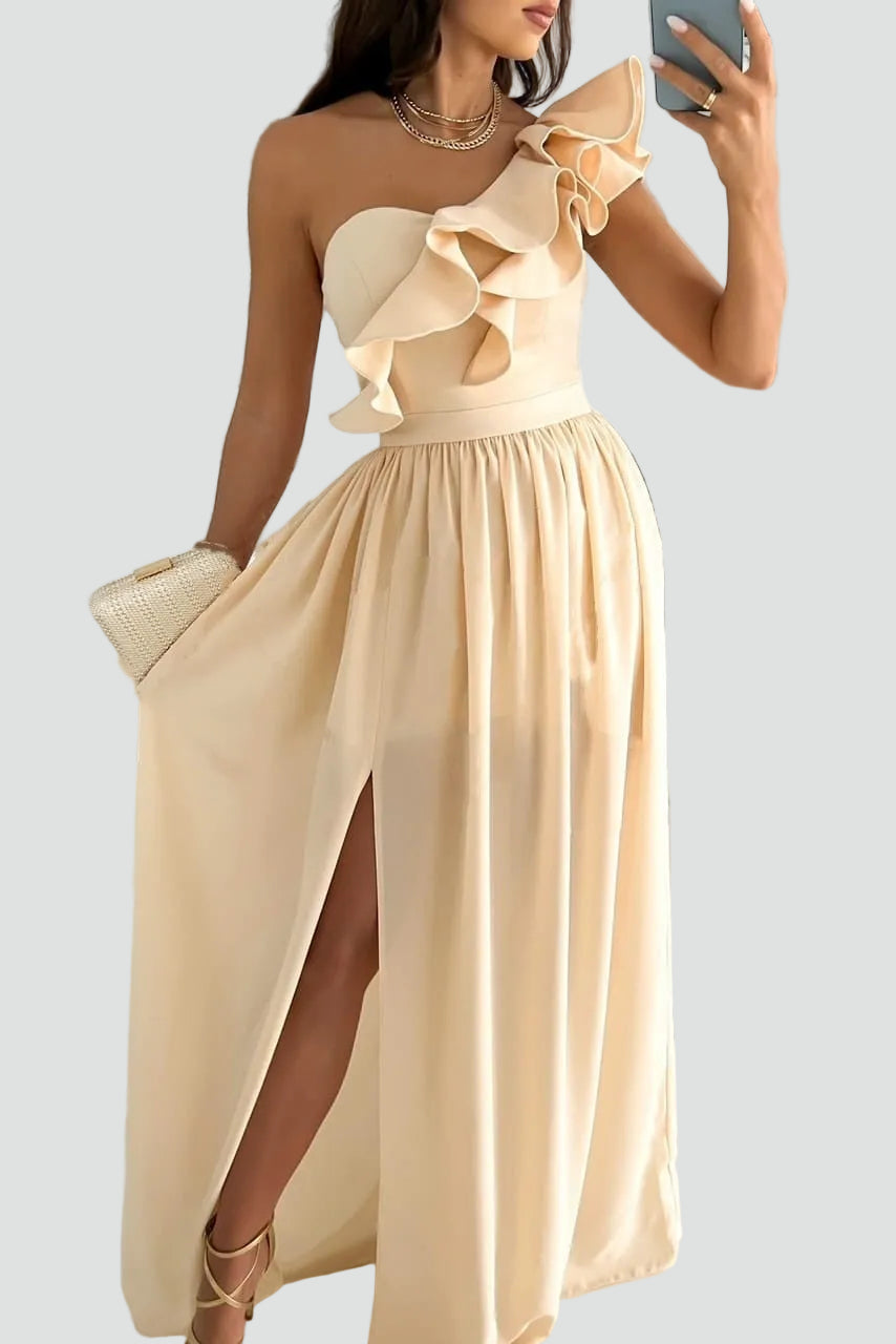 One-Shoulder Maxi Dress with Ruffle Detail and Side Slit