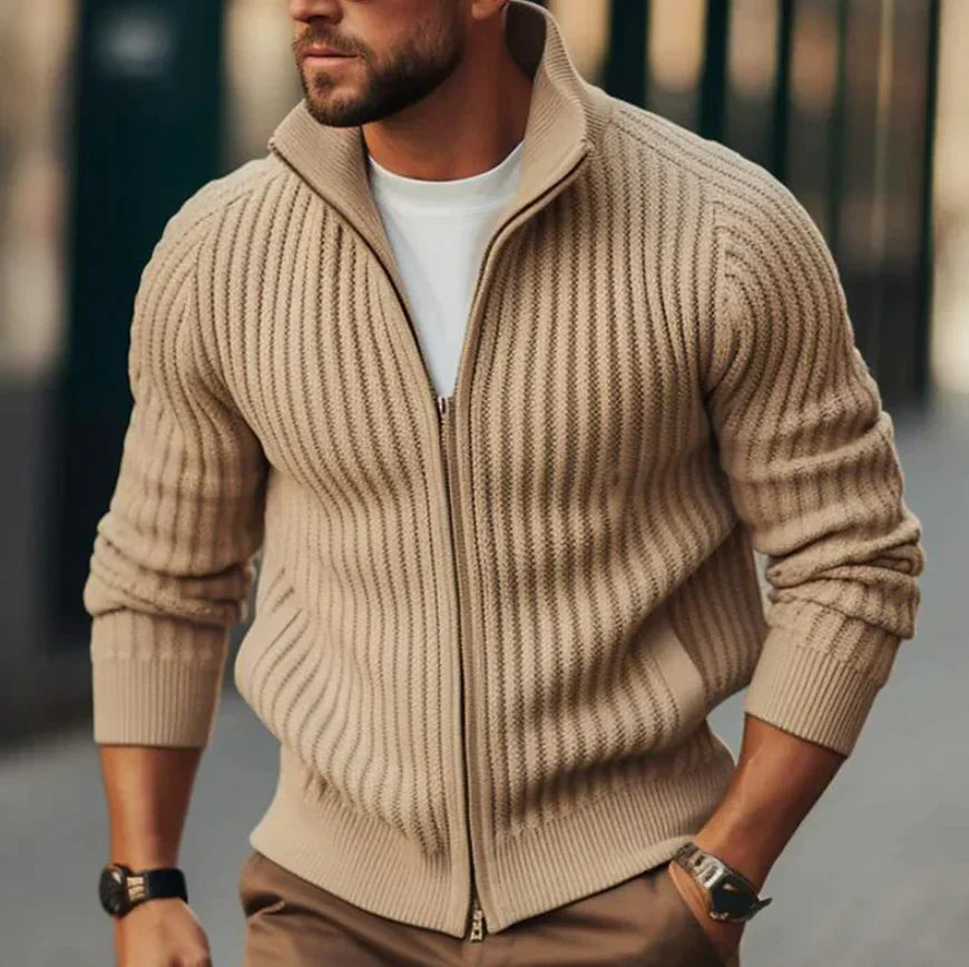 Men's Ribbed Zip-Up Knitted Cardigan