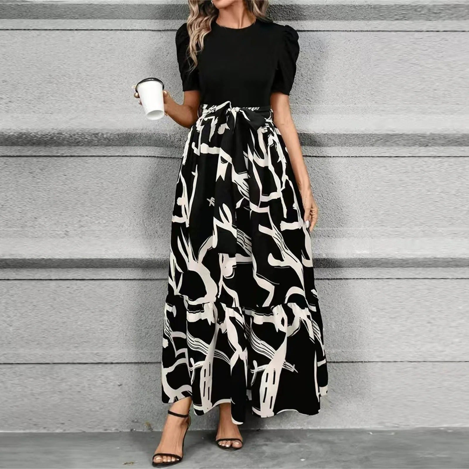 Printed Maxi Dress with Contrast Bodice and Tiered Hem
