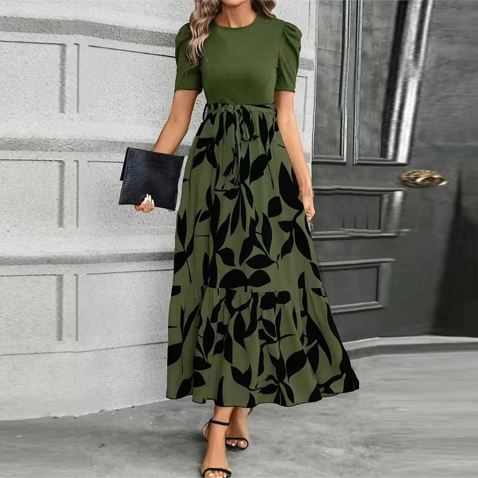 Printed Maxi Dress with Contrast Bodice and Tiered Hem