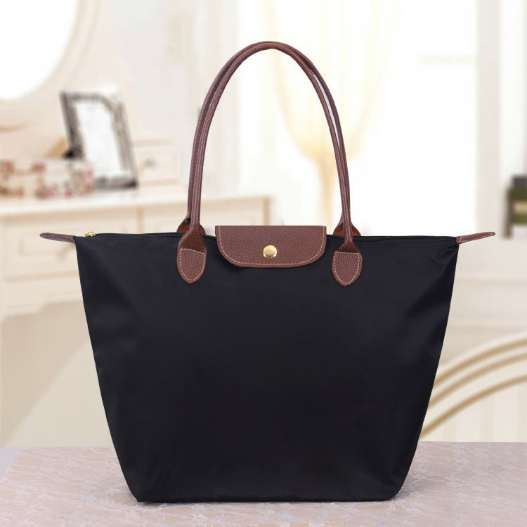 Foldable Nylon Tote Bag with Leather Trim Handles