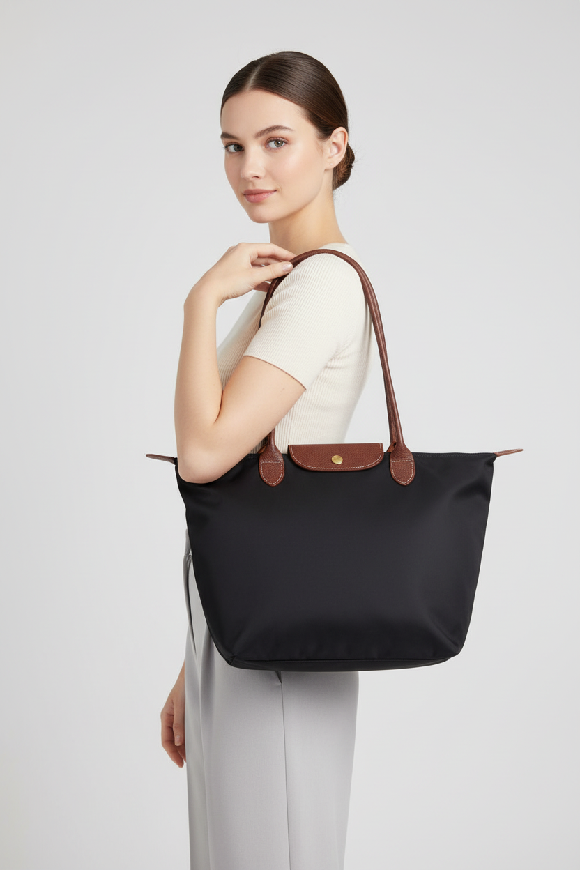 Foldable Nylon Tote Bag with Leather Trim Handles
