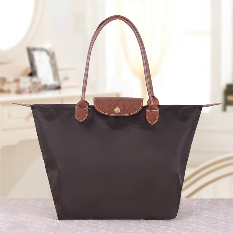 Foldable Nylon Tote Bag with Leather Trim Handles