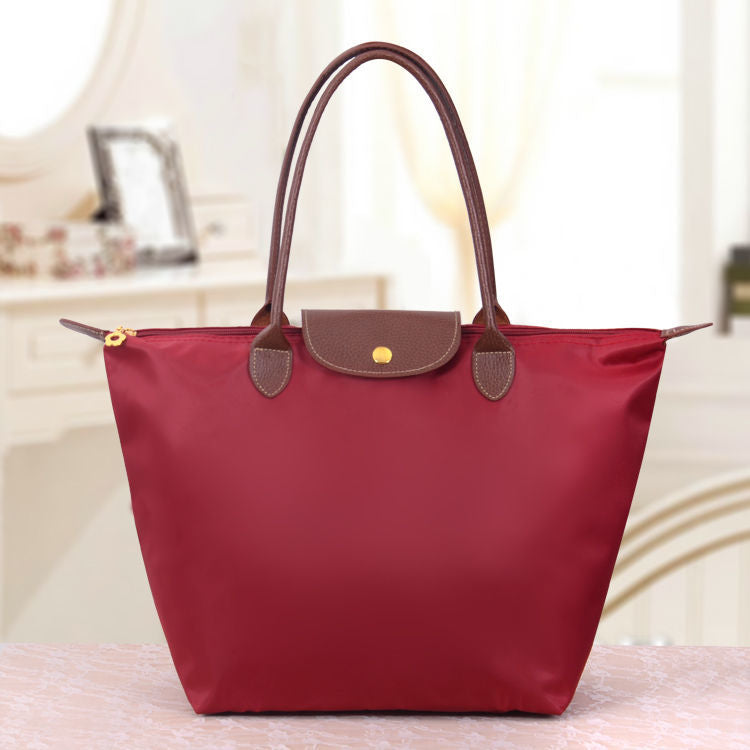 Foldable Nylon Tote Bag with Leather Trim Handles