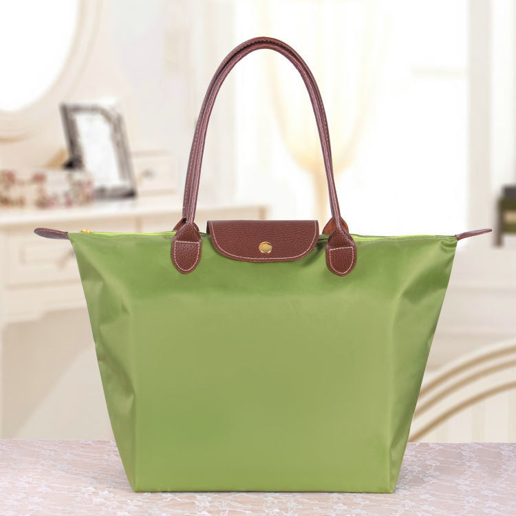 Foldable Nylon Tote Bag with Leather Trim Handles