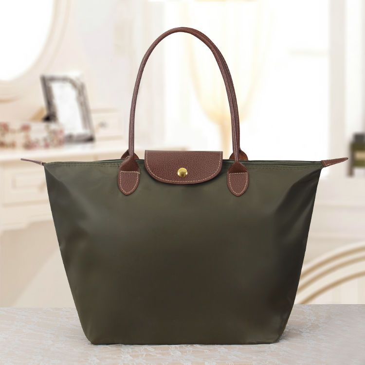 Foldable Nylon Tote Bag with Leather Trim Handles