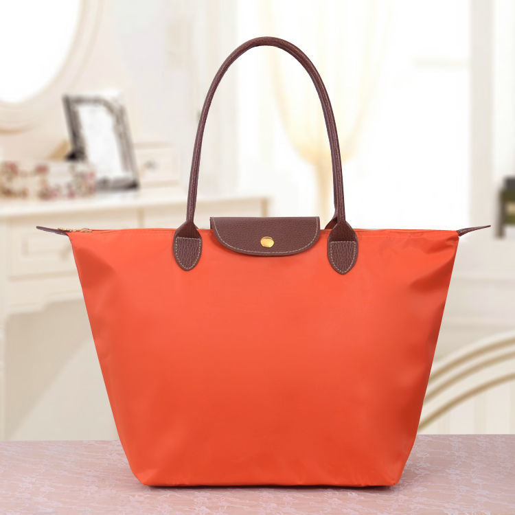 Foldable Nylon Tote Bag with Leather Trim Handles