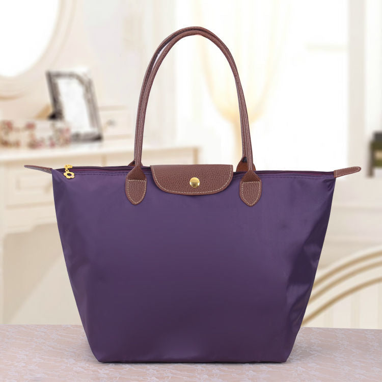 Foldable Nylon Tote Bag with Leather Trim Handles