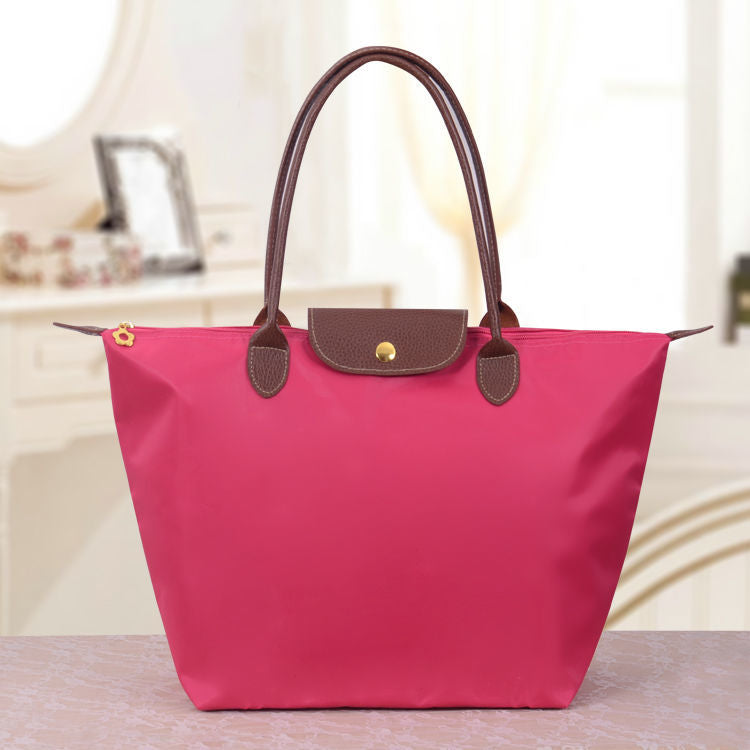 Foldable Nylon Tote Bag with Leather Trim Handles