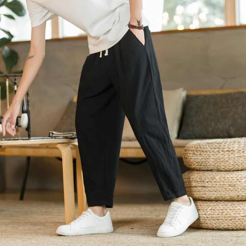 Men's Loose Fit Linen Trousers with Drawstring Waist
