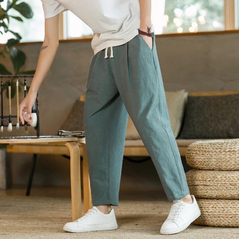 Men's Loose Fit Linen Trousers with Drawstring Waist