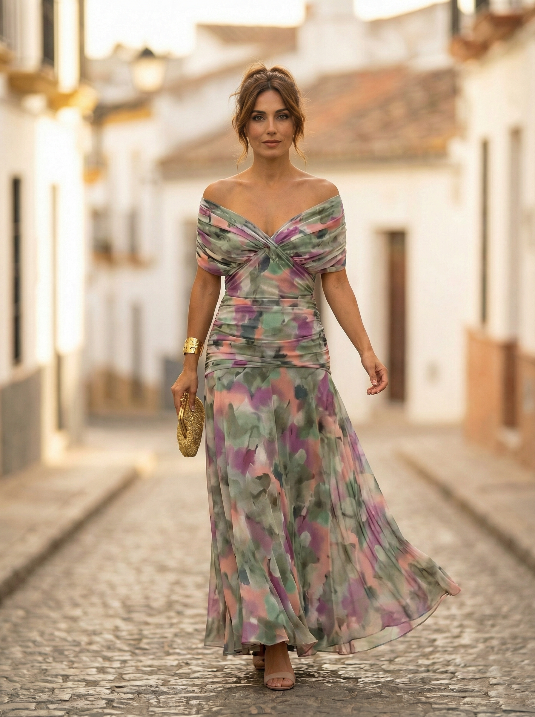 Women's Off-Shoulder Maxi Evening Dress with Tie Waist