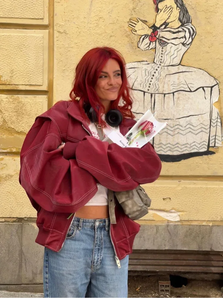 Women’s Oversized Faux Leather Zip-Up Jacket