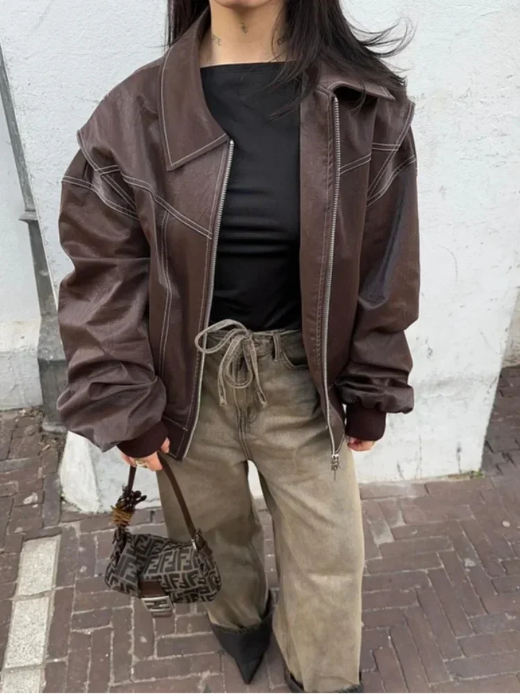 Women’s Oversized Faux Leather Zip-Up Jacket