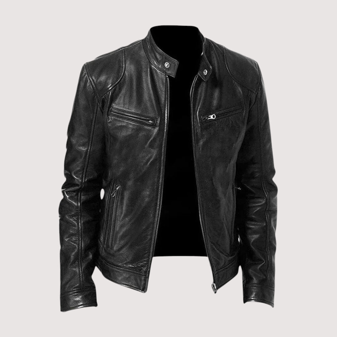 Men's Black Leather Biker Jacket with Stand Collar