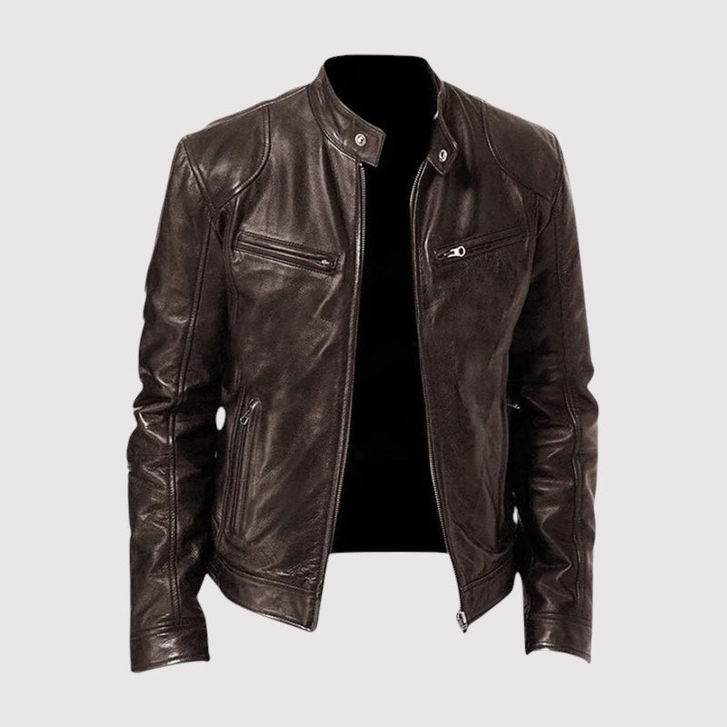 Men's Black Leather Biker Jacket with Stand Collar