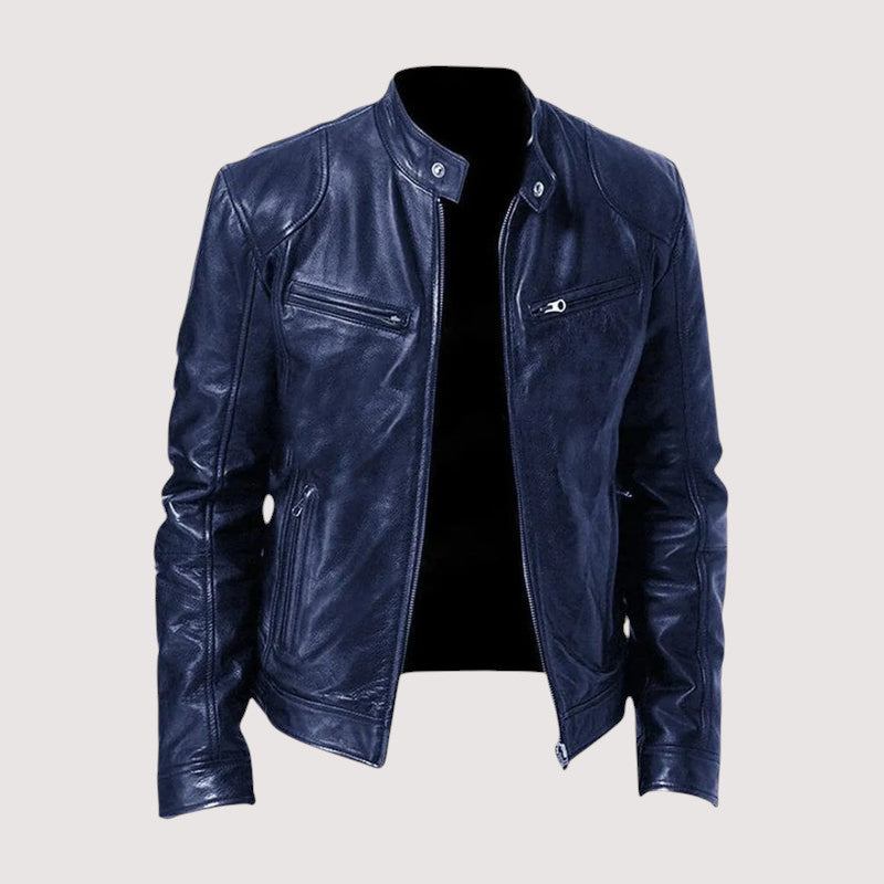 Men's Black Leather Biker Jacket with Stand Collar