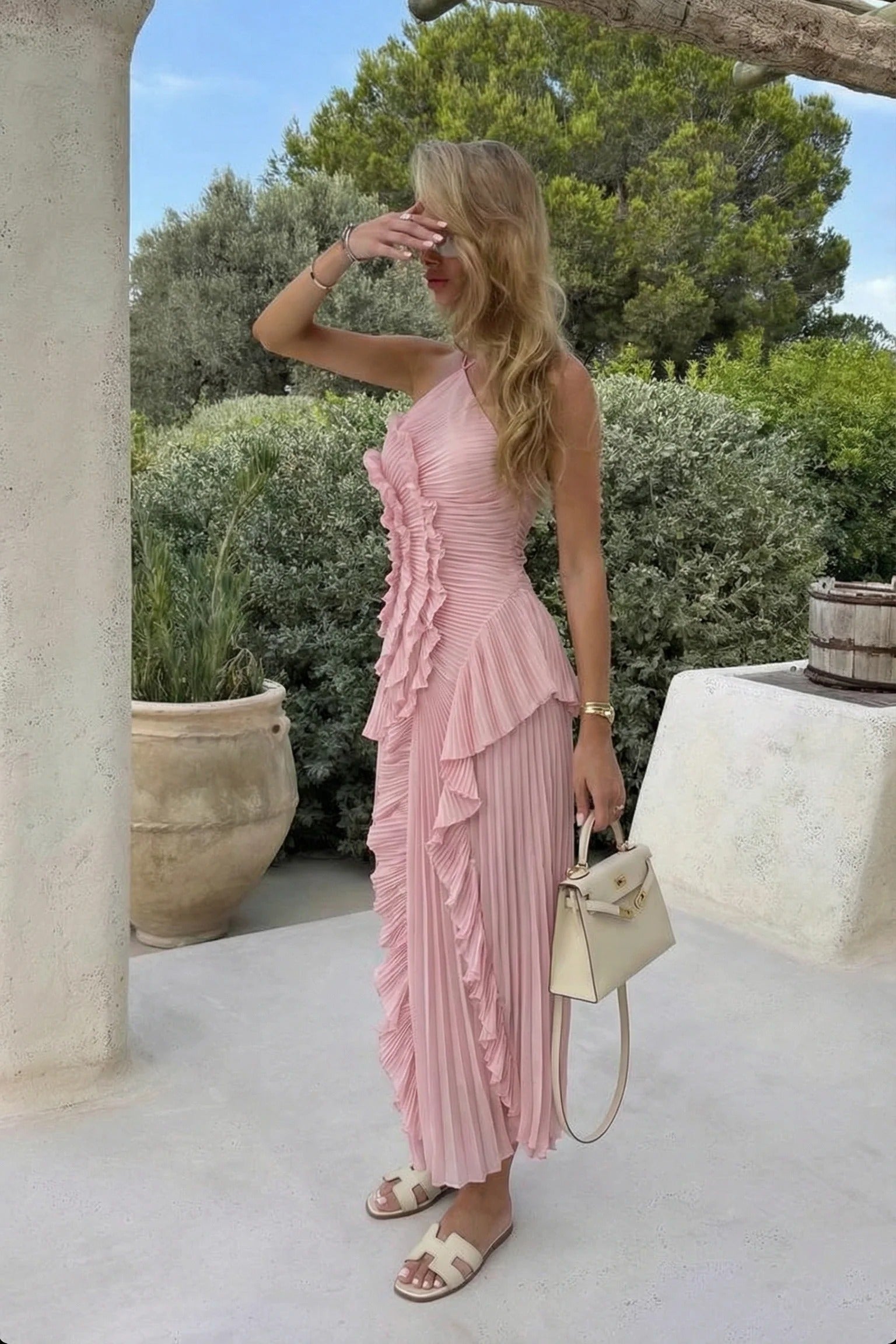Women's Pleated One-Shoulder Maxi Occasion Dress