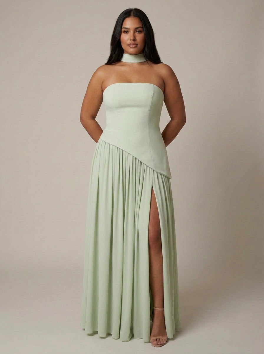 Robe longue bustier pour femme avec taille asymétrique et fente