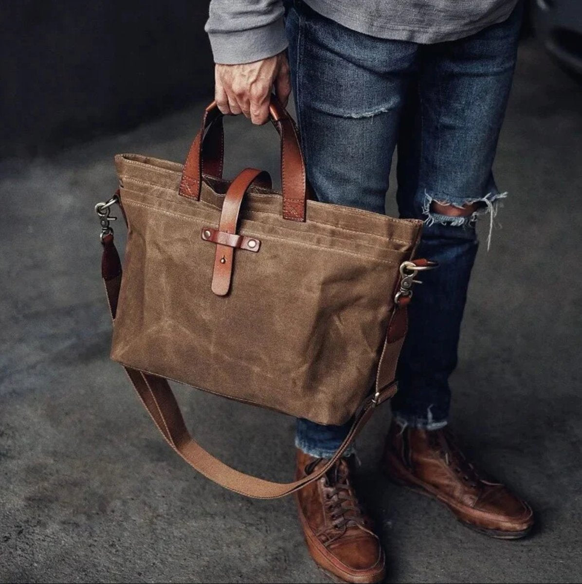 Unisex Waxed Canvas Tote Bag with Leather Handles